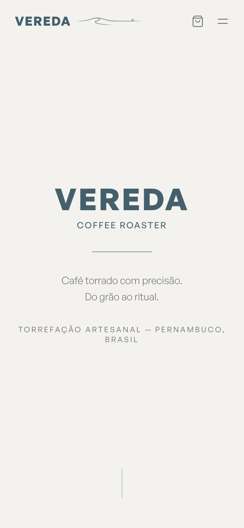 The Vereda home page on a phone: the Vereda wordmark, a cart icon and a menu button over the opening screen.